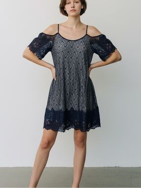 Buttons Blue Lace Cold Shoulder Mini Dress Size M